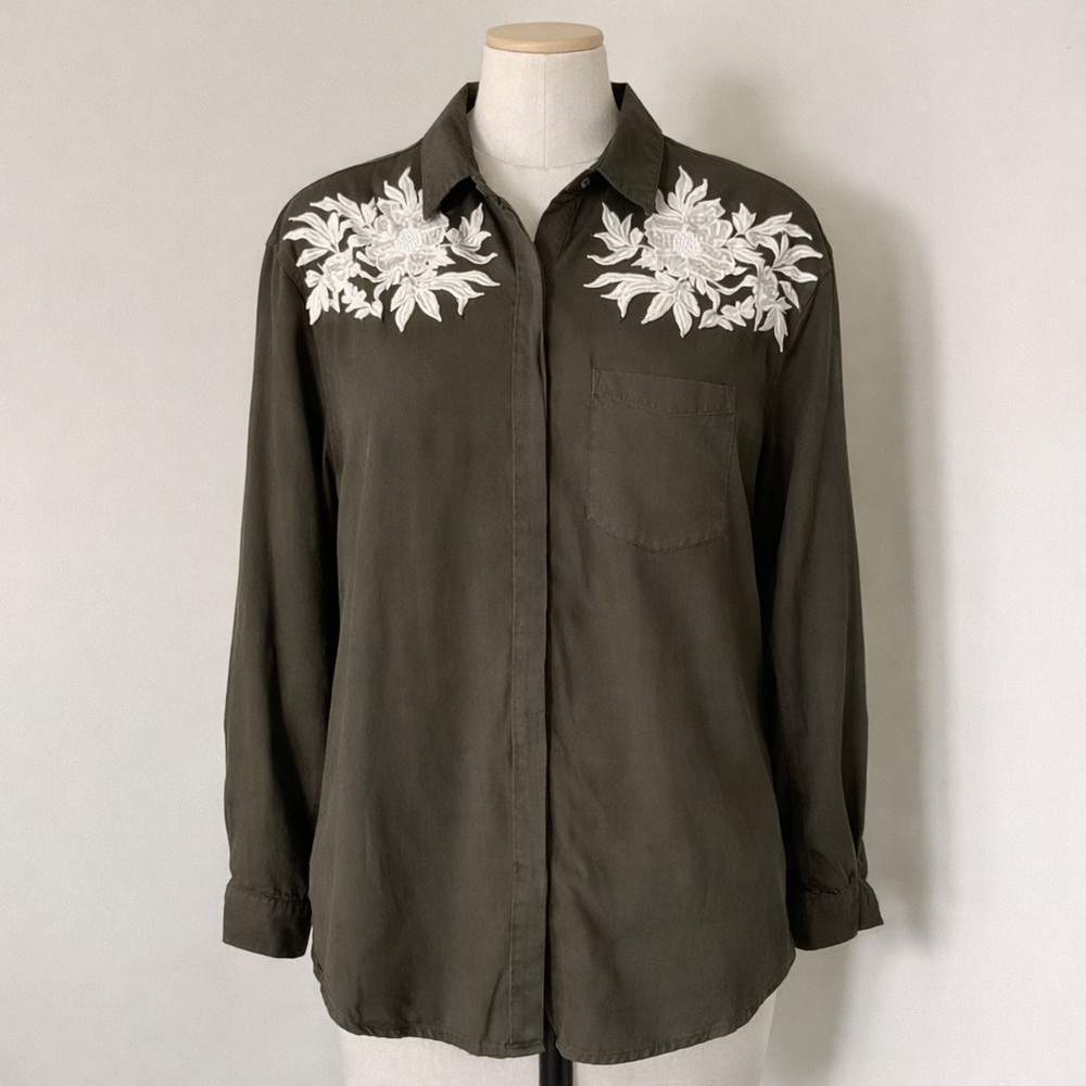 Mango Embroidered Floral Button Up Blouse Brown White Boho Long Sleeve S